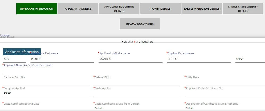 Applicant Information - caste validity certificate