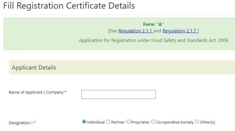 Form "A" Food License