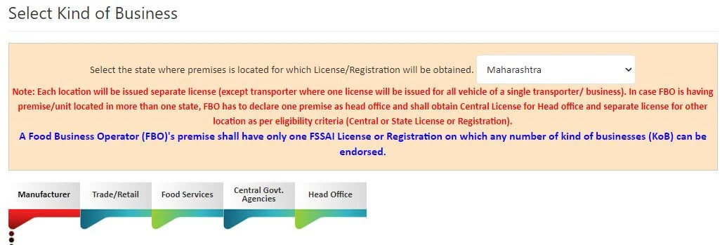 Select Kind of Business - Food License