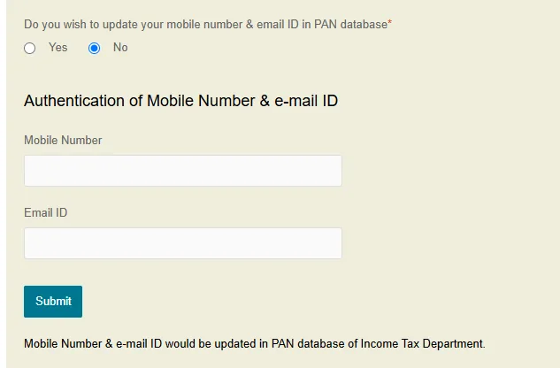 PAN Card Update Mobile number & e-mail ID