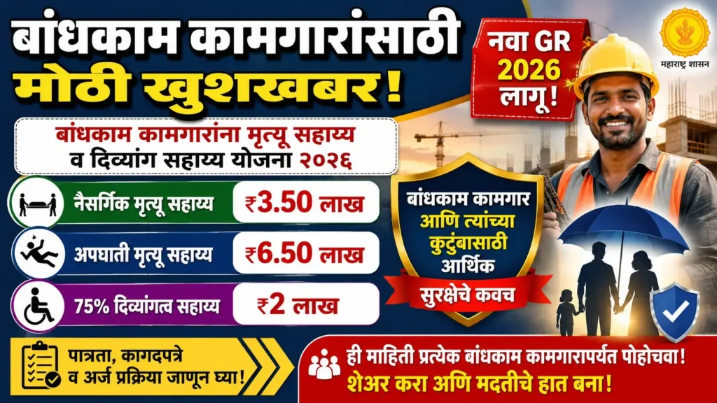 बांधकाम कामगारांना मृत्यू सहाय्य व दिव्यांग सहाय्य योजना २०२६ - Bandhkam Kamgar Mrutyu Divyang Sahayya Yojana 2026