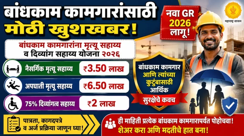 बांधकाम कामगारांना मृत्यू सहाय्य व दिव्यांग सहाय्य योजना २०२६ - Bandhkam Kamgar Mrutyu Divyang Sahayya Yojana 2026